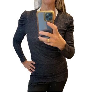 Inc International Concepts Black V Neck Puff Long Sleeves Metallic Sweater.Sz M